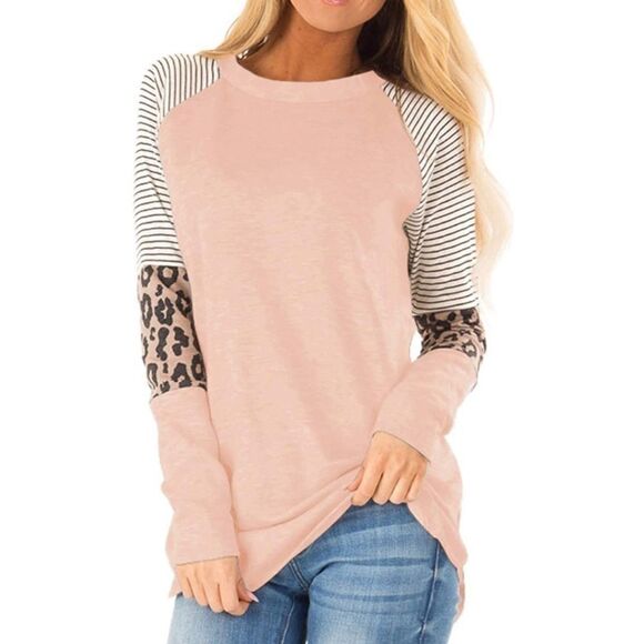 Boho Long Sleeve Leopard Color Block Tunic Shirt Top - Picture 1 of 7